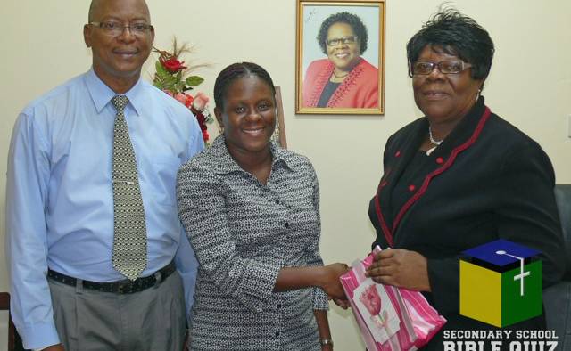 Two of the organisers of the Secondary School Bible Quiz of the Joel Jack, Elise Quashie, and Minister of Education, Girlyn Miguel (right). 