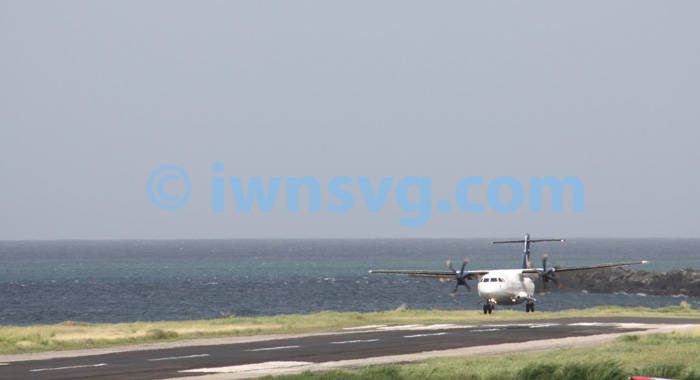 A LIAT's ATR 72-600 aircraft about to touch down at E.T. Joshua Airport on June 26, 2013.