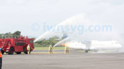 The new LIAT ATR 72-600 gets the traditional water salute on its inaugural flight to St. Vincent on Wednesday, June 26, 2013. 