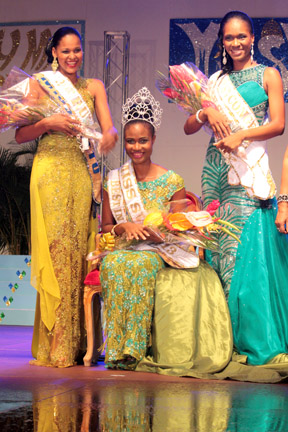 Miss Svg 2013 -- Shara George -- Miss Mustique Co. Ltd., Flanked By First Runner-Up -- Anna Laborde -- Miss Metrocint General Insurance Company Ltd. (Right) And Second Runner-Up -- Hannah Hamilton - Miss Lotto. 