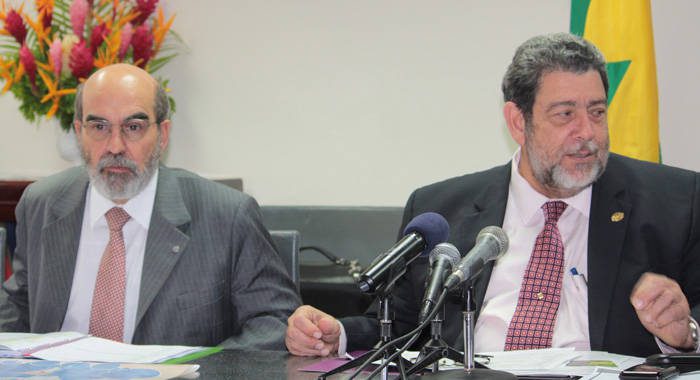 Director-General of the FAO, José Graziano da Silva, left, and Prime Minister Dr. Ralph Gonsalves held a joint press conference after talks in Kingstown on Wednesday, July 10, 2013. (IWN photo)