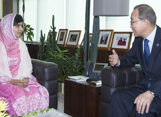 Secretary-General Ban Ki-moon with Malala Yousafzai, the young education rights campaigner from Pakistan. (UN Photo/Eskinder Debebe)