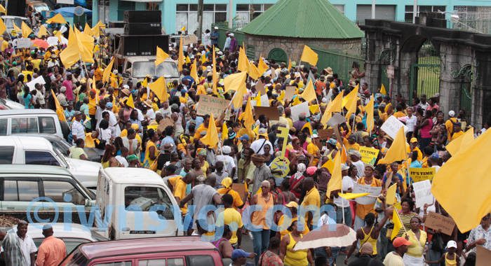 Thousands of supporters of the opposition New Democratic Party marched and rallied in Kingstown on Friday, July 26, 2013 (IWN photo)