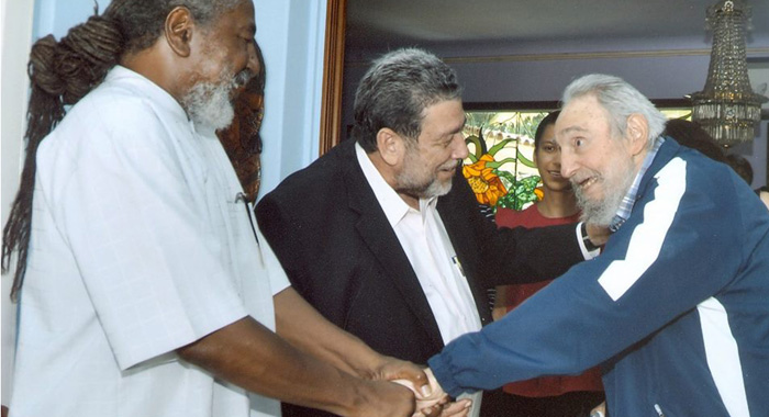 Up Close with Fidel Castro 2 Vincentian journalist, Duggie "Nose" Joseph is introduced to former president of Cuba, Fidel Castro. Prime Minister of St. Vincent and the Grenadines, Dr. Ralph Gonsalves, is at centre.