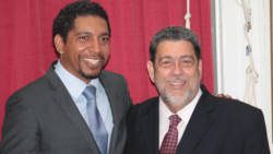 Sen. Camillo Gonsalves, left, and his father, Prime Minister Dr. Ralph Gonsalves. (IWN file photo)