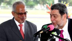 Former CEO of LIAT, Ian Brunton, left, and Prime Minister Dr. Ralph Gonsalves. (IWN file photo)