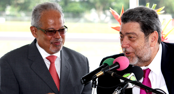 Former CEO of LIAT, Ian Brunton, left, and Prime Minister Dr. Ralph Gonsalves. (IWN file photo)