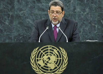 Prime Minister Dr. Ralph Gonsalves addresses the General Debate of the 68th session of the U.N. General Assembly on Friday. (UN Photo/Ryan Brown)