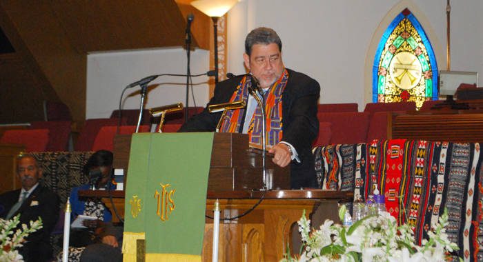 PM Gonsalves delivers the keynote address at the opening of a symposium hosted by Institute of the Black World 21st Century.