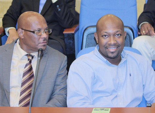 SVG's Minister of Agriculture, Saboto Caesar, right, and Dominica's Minister of Agriculture, Matthew Walter, at CWA in Guyana. SVG, Dominica, Guyana, and Grenada owe  money to CARDI. 