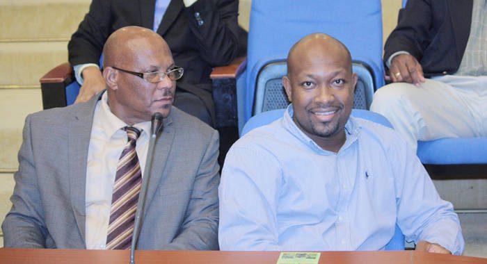 SVG's Minister of Agriculture, Saboto Caesar, right, and Dominica's Minister of Agriculture, Matthew Walter, at CWA in Guyana. SVG, Dominica, Guyana, and Grenada owe  money to CARDI. 