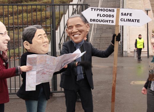 In this demonstration staged by Oxfam on Friday, Nov. 23, 2013, in Poland, caricatures of world leaders consult a climate roadmap, even as the choices are explicitly clear. Prime Minister of SVG, Ralph Gonsalves, says climate change will be a priority during his chairmanship of the Caribbean Community.  (IWN photo) 