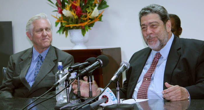 Jan Hartke of the Clinton Climate Initiative, left, and Prime Minister Dr. Ralph Gonsalves. (IWN photo)