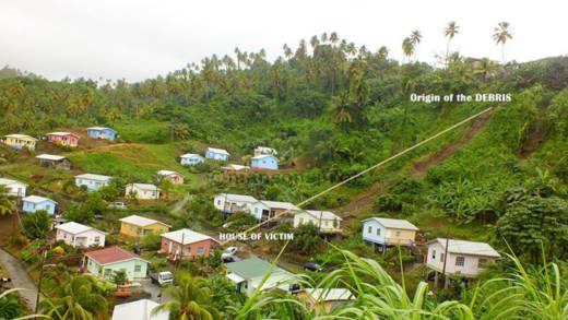 This image indicates the path of the landslide that claimed the life of Raymond Gonsalves, 62, of Manning Village, Byera.  (Photo: Manson Shortte/Facebook)  