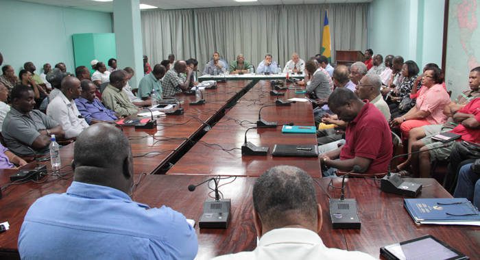 Prime Minister Dr. Ralph Gonsalves chairs a disaster response meeting in Kingstown on Dec. 28. (IWN photo)