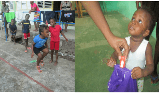 Left: Children play at the emergency shelter in Buccament Bay. Right: An infant survivor collects a goody bag, courtesy the DRP collaboration. (DRP photos)