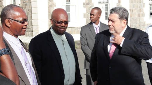 House Speaker, Hendrick Alexander, Opposition Leader Arnhim Eustace, and Prime Minister Ralph Gonsalves chat ahead of the Budget Address on Monday. (IWN photo) 