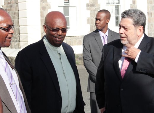 House Speaker, Hendrick Alexander, Opposition Leader Arnhim Eustace, and Prime Minister Ralph Gonsalves chat ahead of the Budget Address on Monday. (IWN photo) 