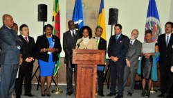 La Celia Prince, ambassador of SVG to the United States, speaks at the press conference in Washington. 
