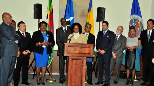 La Celia Prince, ambassador of SVG to the United States, speaks at the press conference in Washington. 