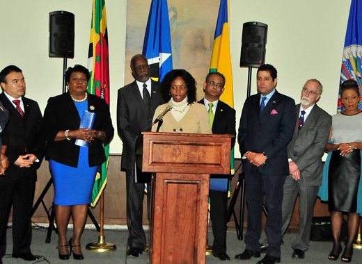 La Celia Prince, ambassador of SVG to the United States, speaks at the press conference in Washington. 