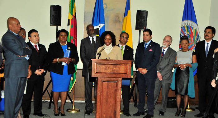 La Celia Prince, ambassador of SVG to the United States, speaks at the press conference in Washington. 