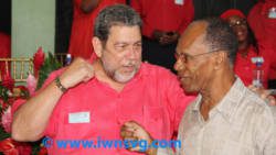 Frank Da Silva, right, seen here with Prime Minister Dr. Ralph Gonsalves, at the ULPs convention on Feb. 2, 2014, seems to have been given tacit approval to critcise Thomas on the ULP's radio programme. (Photo: Zavique Morris/IWN)