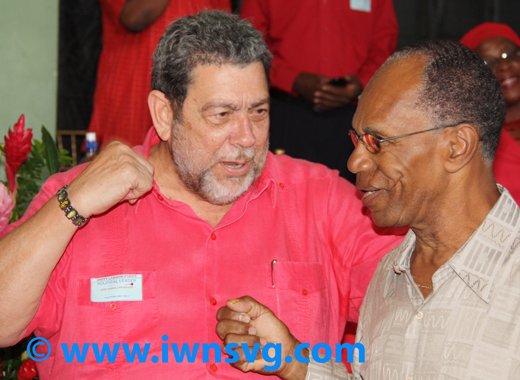 Frank Da Silva, right, seen here with Prime Minister Dr. Ralph Gonsalves, at the ULPs convention on Feb. 2, 2014, seems to have been given tacit approval to critcise Thomas on the ULP's radio programme. (Photo: Zavique Morris/IWN)
