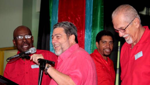 From left: ULP chair, Edwin Snagg, PM Ralph Gonsalves, Sen. Camillo Gonsalves, and ULP General-Secretary, Julian Francis at the ULPs convention on Sunday. (Photo: Zavque Morris/IWN)