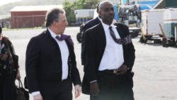 Mexicos External Relations Minister, Jose Antonio Meade, left, is greeted by Permanent Secretary in the Ministry of Foreign Affairs in Kingstown, Nathaniel Williams, on Meades arrival in St. Vincent. (IWN photo)