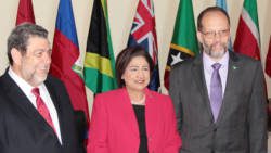 From left: Chair of CAIRCOM, Prime Minister of St. Vincent and the Grenadines, Ralph Gonsalves, outgoing chair of CARICOM, Kamla Persad- Bissessar, Prime Minster of Trinidad and Tobago and CARICOM Secretary General, Irwin LaRocque. (IWN Photo)