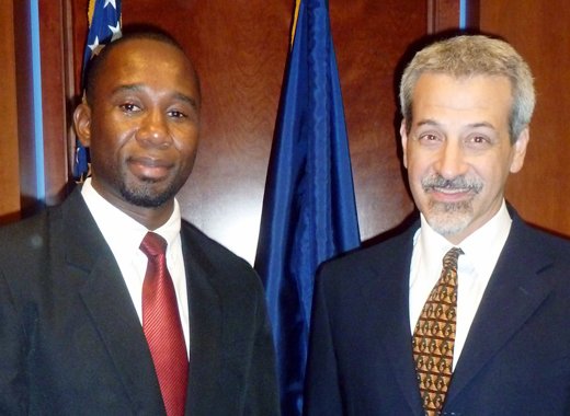 Executive Editor of I-Witness News in St. Vincent and the Grenadines, Kenton Chance, left, meets with U.S. Embassy Bridgetowns Deputy Chief of Mission, Christopher Sandrolini in preparation for his participation in the U.S. Department of States International Visitor Leadership Program.