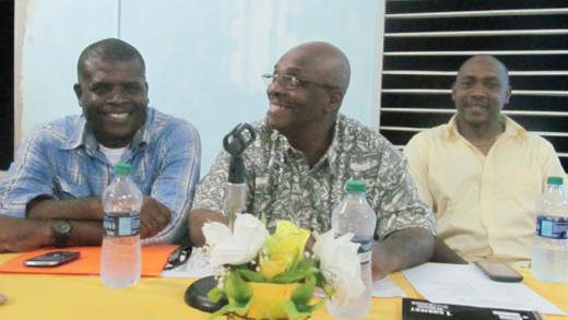 From left: MP for North Leeward, Roland Patel Matthews, Opposition Leader Arnhim Eustace, and NDP candidate for North Windward, Lauron Shera Baptiste at the consultation last week. (Photo: NDP/Facebook) 