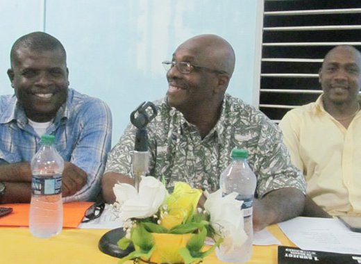 From left: MP for North Leeward, Roland Patel Matthews, Opposition Leader Arnhim Eustace, and NDP candidate for North Windward, Lauron Shera Baptiste at the consultation last week. (Photo: NDP/Facebook) 