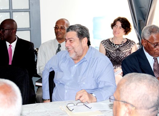 Prime Minister Dr. Ralph Gonsalves and other officials at the launch of the e-passport on Tuesday, March 4, 2014. (IWN photo)