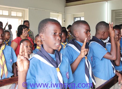 Scouts recite the Scout Promise at their centenary service in Georgetown last Thursday. (IWN photo)