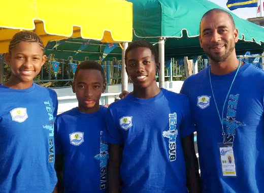 From left: Vincentian medal winner Shné Joachim, along with fellow swimmers, Shane Cadogan and Nikolas Sylvester, and their coach, Kyle Dougan.
