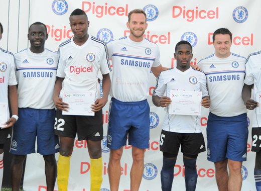 From Left: Wild Card Kewon Clarke, Chelsea's International Head Coach Kobina Elliott, Jahvan Peters, Chelseas Senior International Development Officer David Monk, Azara-Browne-Dennie, International Technical Support Officer Andrew Ottley and Derron Rouse. (Photo: Edson Ross)
