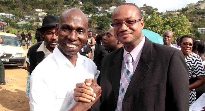 Jomo Thomas, left, and Grenville Williams, photographed at funeral in Rillan Hill in April 2014. (IWN photo)