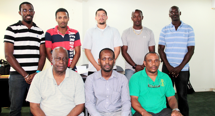 President of the SVG Cricket Assocaition, Kishore Shallow, centre, and his executive. (IWN photo)