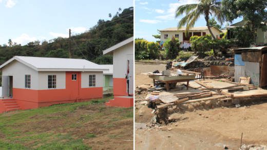The remains of what was Florestine Springs house in Fitz Hughes are seen at right. She did not receive any of the houses the government has built for disaster victims, pictured left. (IWN photos)