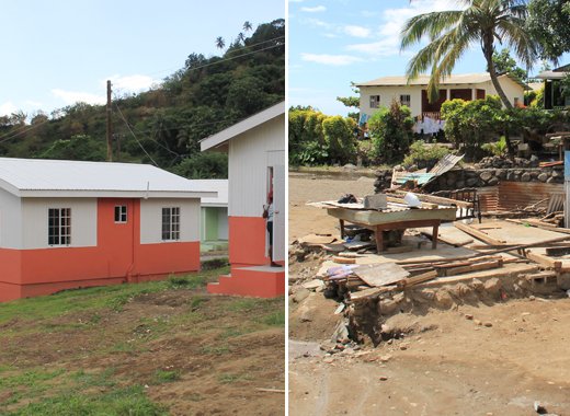 The remains of what was Florestine Springs house in Fitz Hughes are seen at right. She did not receive any of the houses the government has built for disaster victims, pictured left. (IWN photos)
