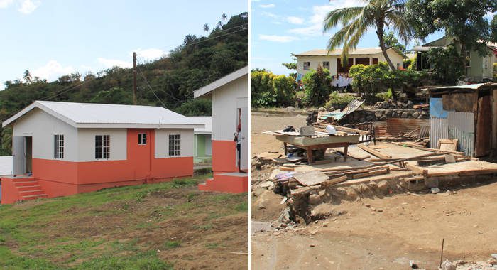 The remains of what was Florestine Springs house in Fitz Hughes are seen at right. She did not receive any of the houses the government has built for disaster victims, pictured left. (IWN photos)