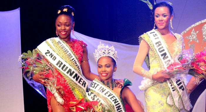 Miss SVG 2014 Shadeisha George, flanked by First Runner-up Karla Gellizeau and Second Runner-up Shackell Bobb. (Photo: Zavique Morris/IWN)