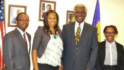 Hubert Humphrey Fellow, Allan Franklin, left, Fulbright Fellow, Samantha Porter, second left, and Fulbright Fellow, Sheena Rose, right, pose with U.S. Ambassador to Barbados, the Eastern Caribbean and the OECS, Dr. Larry Palmer.
