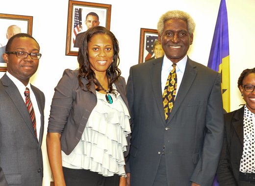 Hubert Humphrey Fellow, Allan Franklin, left, Fulbright Fellow, Samantha Porter, second left, and Fulbright Fellow, Sheena Rose, right, pose with U.S. Ambassador to Barbados, the Eastern Caribbean and the OECS, Dr. Larry Palmer.