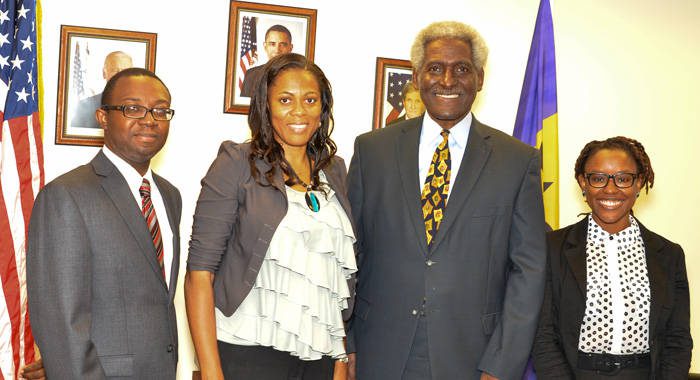 Hubert Humphrey Fellow, Allan Franklin, left, Fulbright Fellow, Samantha Porter, second left, and Fulbright Fellow, Sheena Rose, right, pose with U.S. Ambassador to Barbados, the Eastern Caribbean and the OECS, Dr. Larry Palmer.