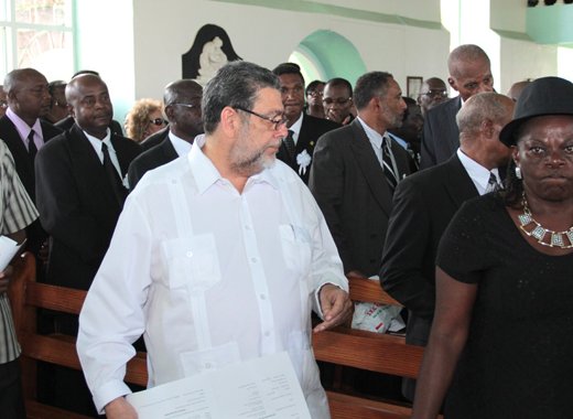 Prime Minister Ralph Gonsalves, centre, and other mourners at the funeral. (IWN photo)
