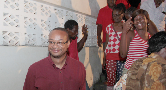 Grenville Williams, left, leaves the Vermont Community after the meeting in which he nominated Sen. Jomo Thomas as the ULP's candidate for South Leeward. (IWN photo) 