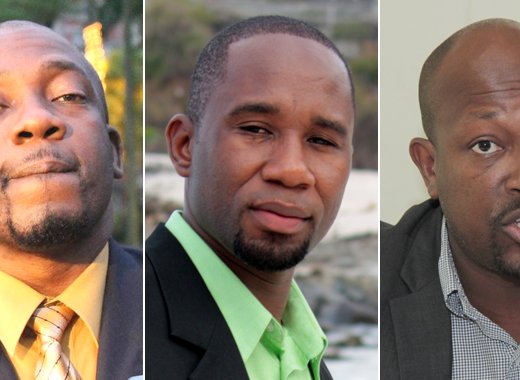 From left: Journalists Junior Jarvis and Kenton X. Chance and Minister of Agriculture Saboto Caesar. 